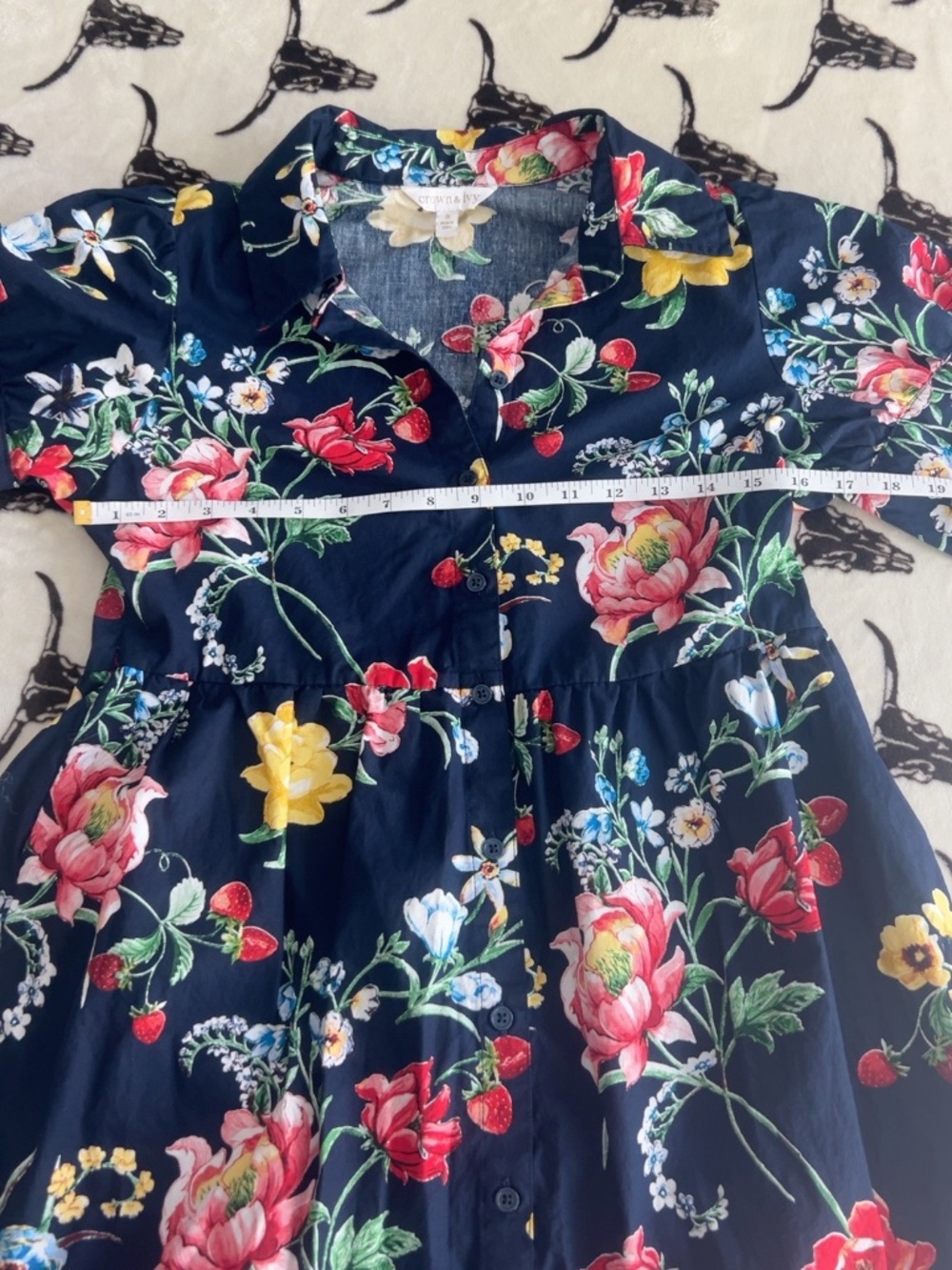 Crown & Ivy Strawberry Floral Navy Tiered Shirt Dress Size S - Picture 5 of 9